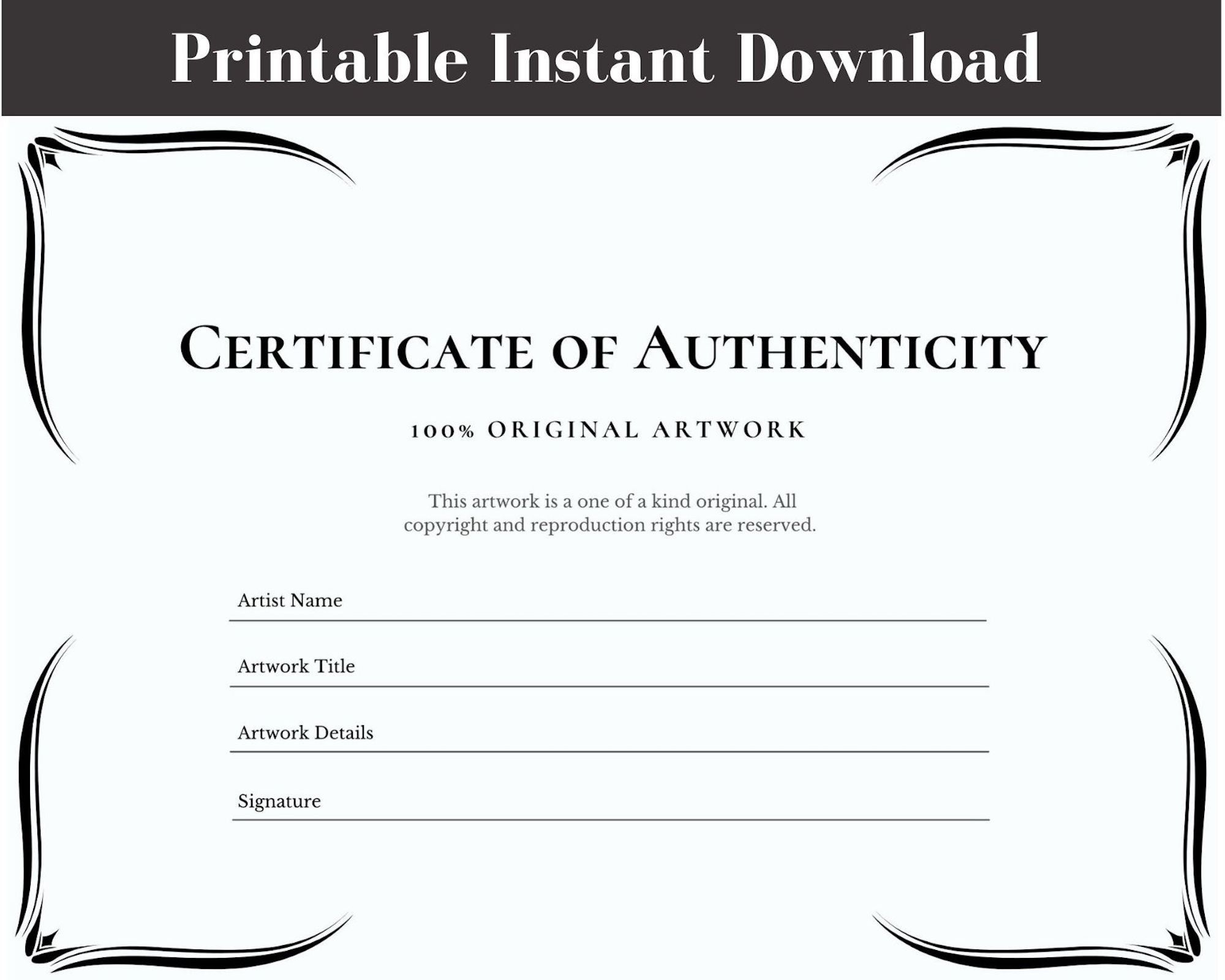 Certificate Of Authenticity For Art Instant Download Printable Black And White Template Etsy Art Certificate Instant Download Printable Digital Certificate