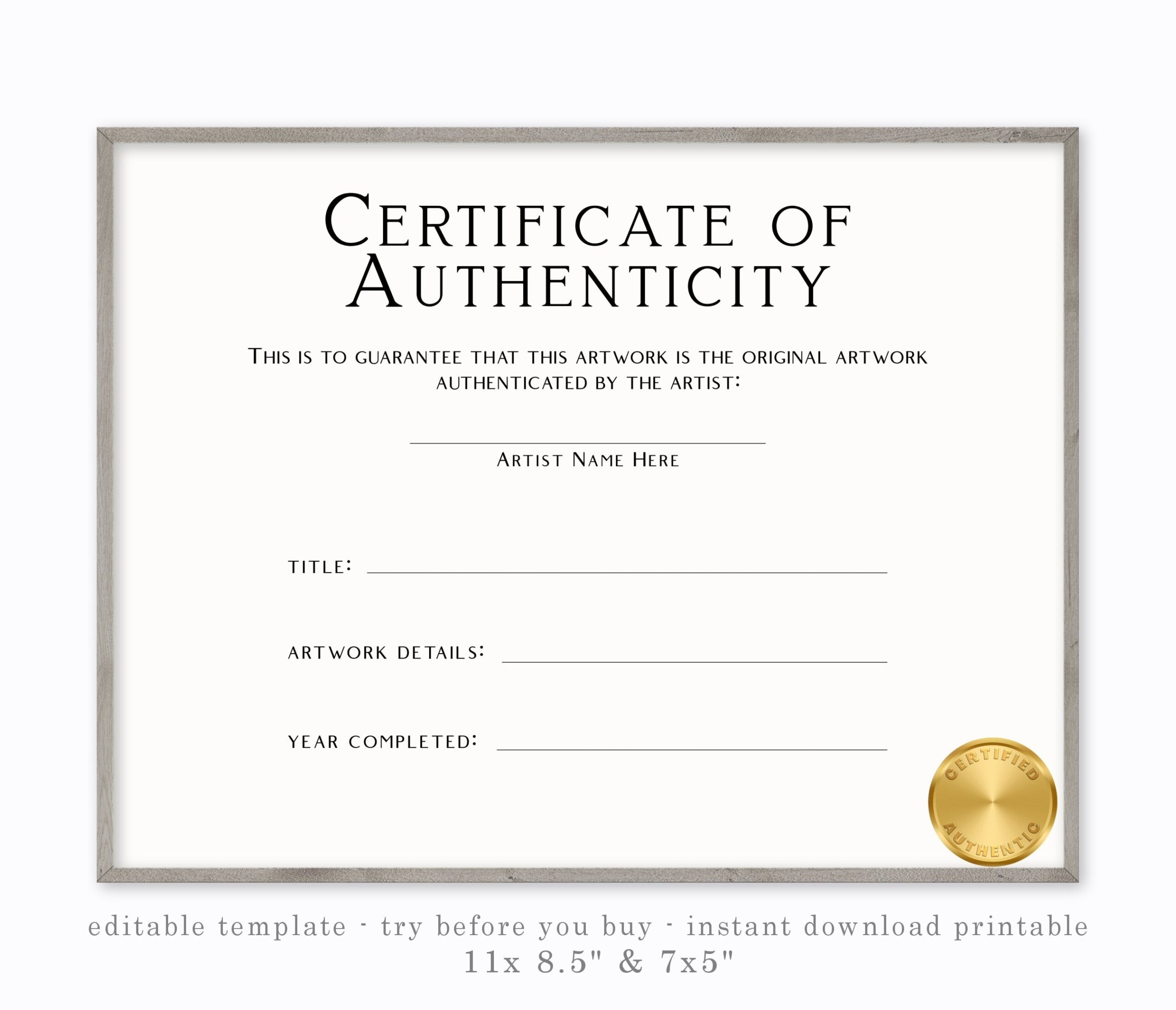 Certificate Of Authenticity Template Editable Printable Document 7x5 11x8 5 Instant Download Modern Minimalist Etsy