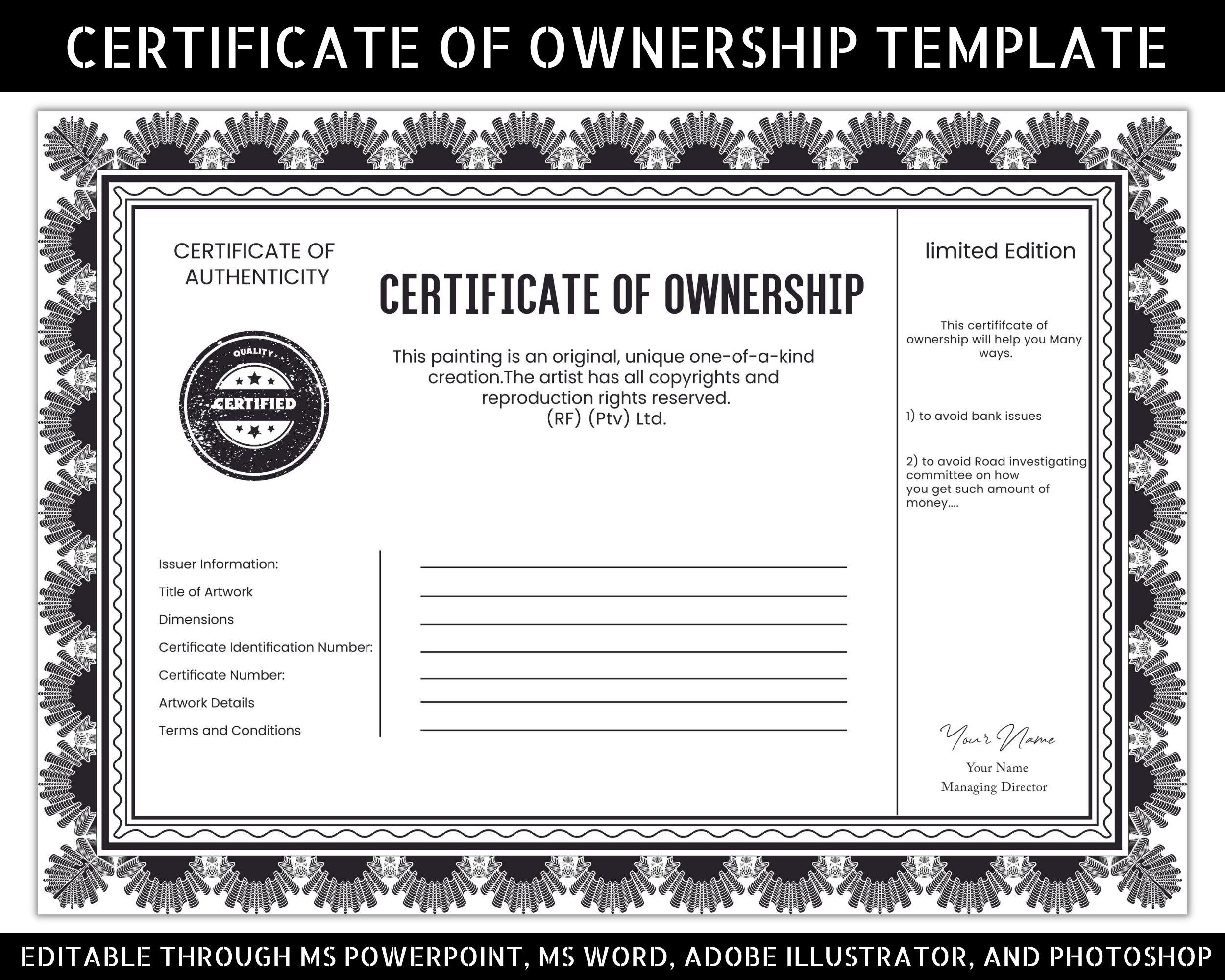 Editable Certificate Ownership Printable Blank Car Title Template