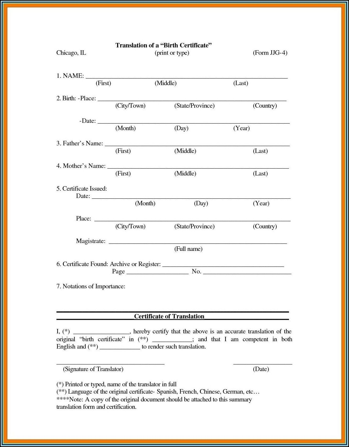 Certified Birth Certificate Translation Template For USCIS