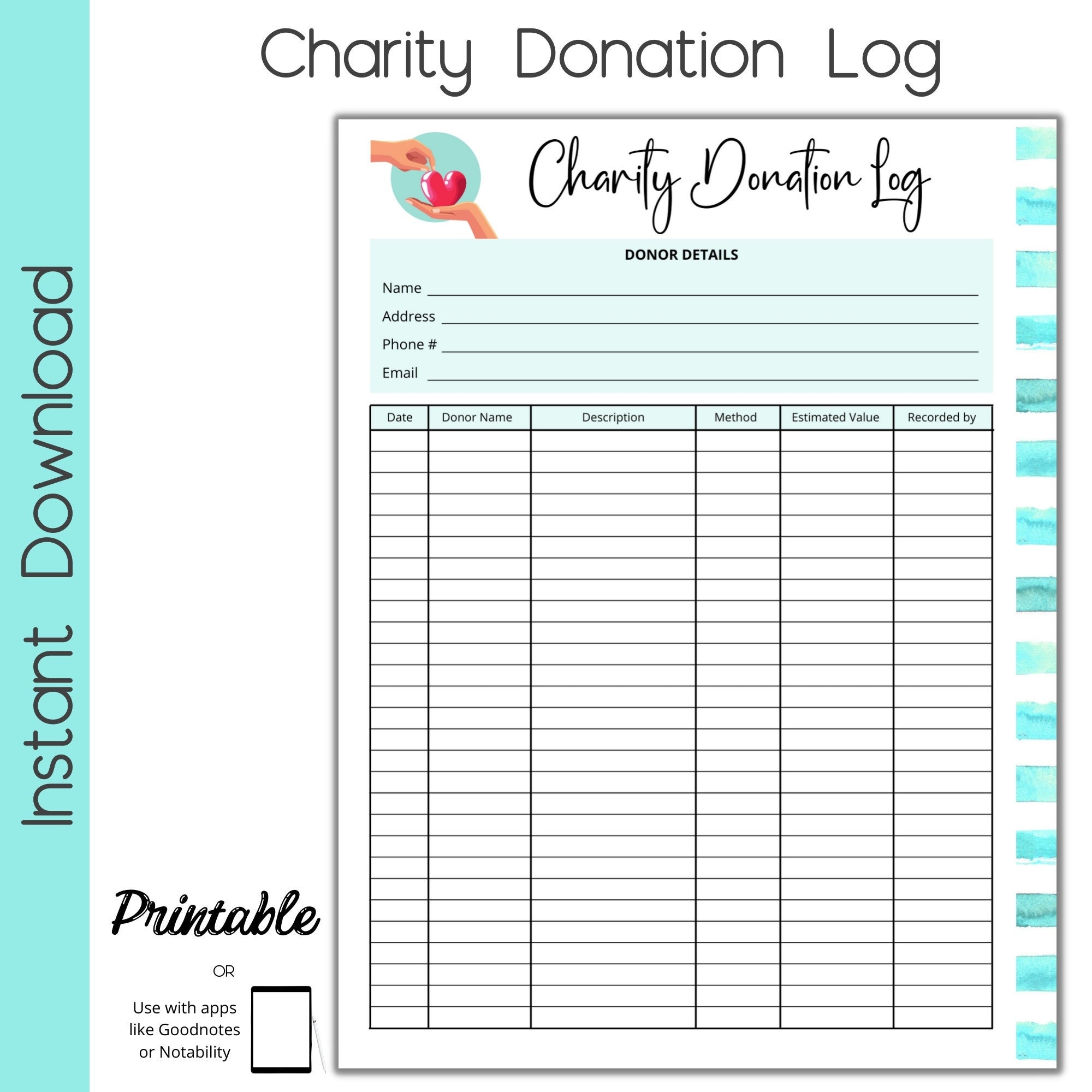 Charity Donation Log Printable Donation Tracker Etsy