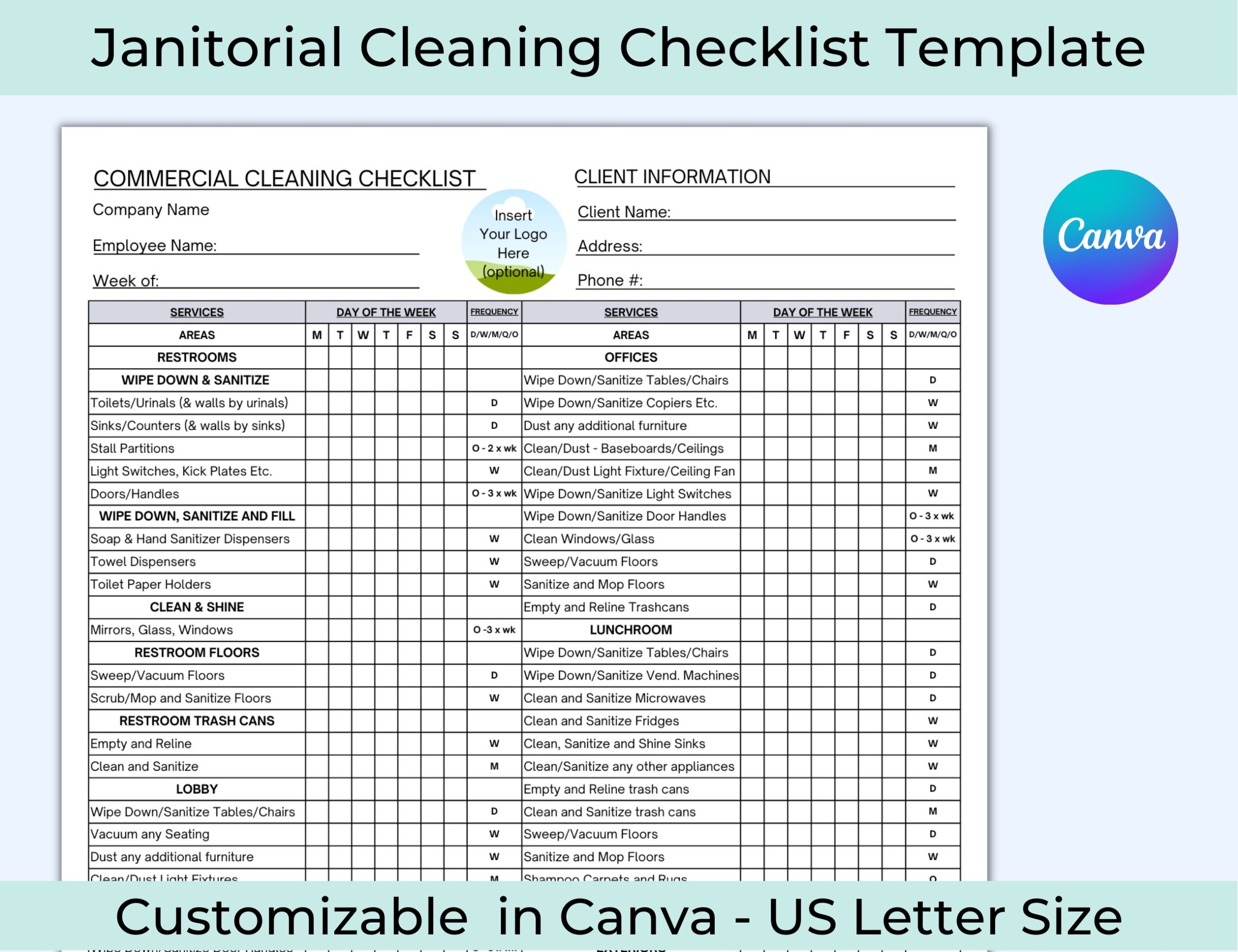Checklist For Cleaning Service Janitorial Cleaning Checklist Frequency Chart Janitor Schedule Commercial Cleaning Business Cleaning Etsy