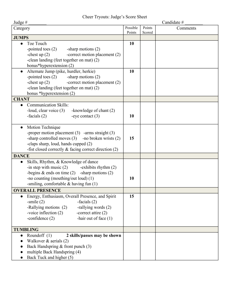 Cheer Tryouts Score Sheet Fill Online Printable Fillable Blank PdfFiller