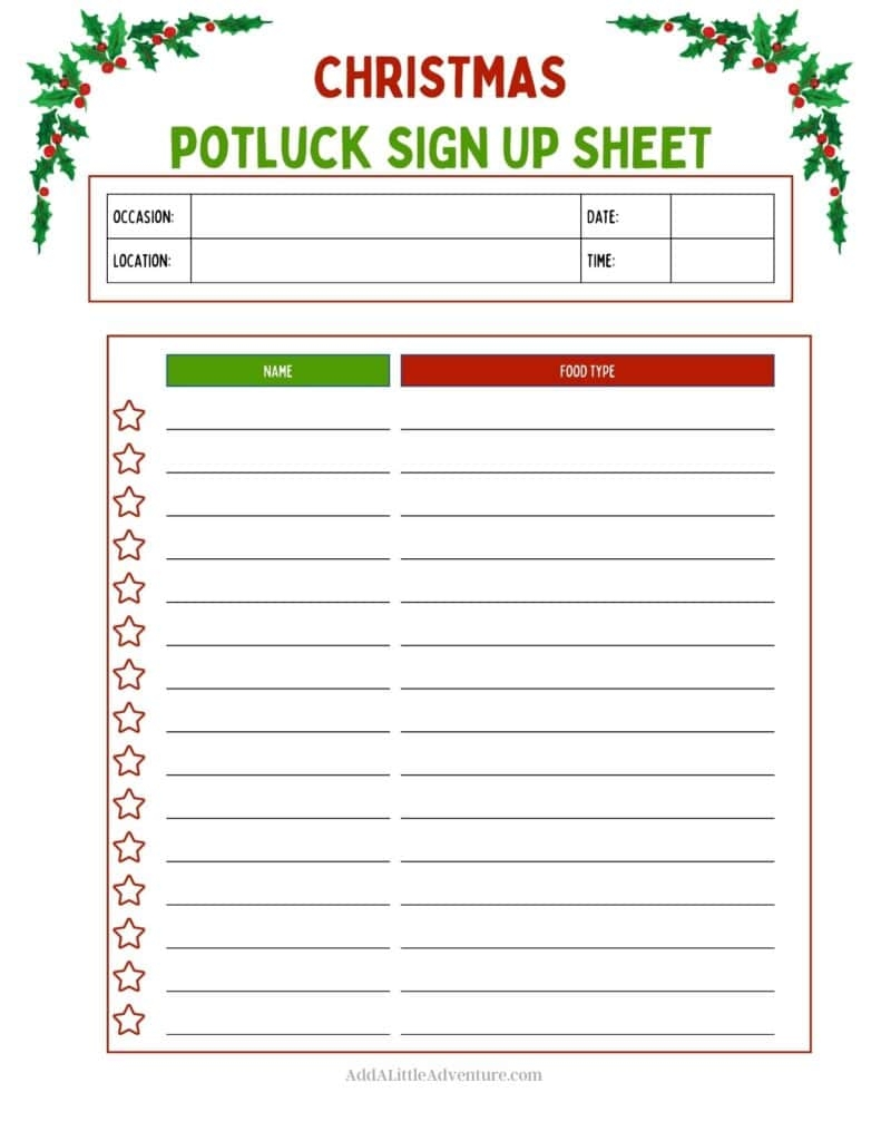 Christmas Party Sign Up Sheet Template Free Printable