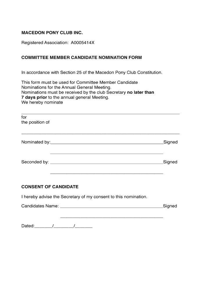 Printable Nomination Form Template
