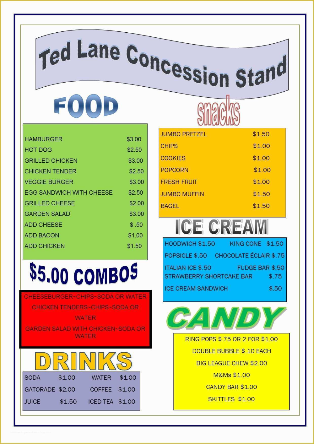 Printable Concession Stand Menu Template Word