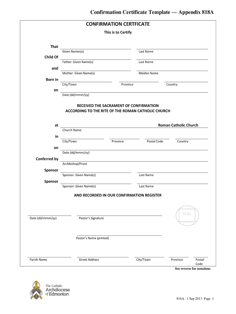 Printable Confirmation Certificate Template