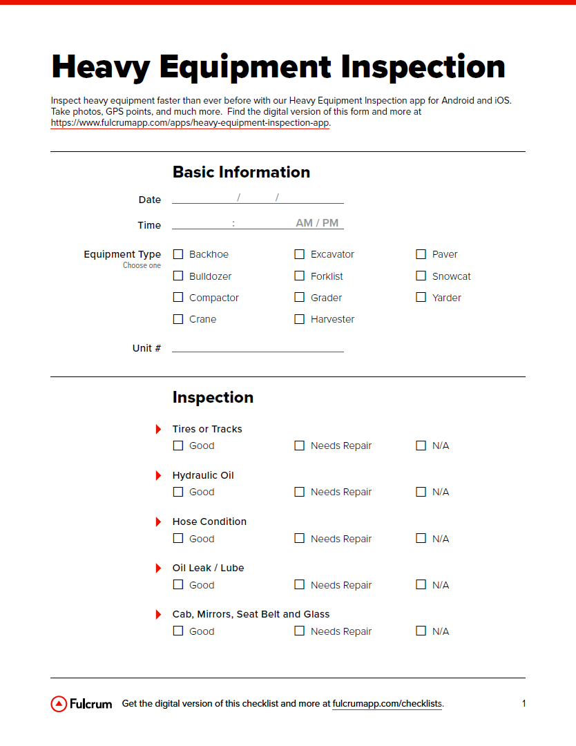 Construction Equipment Inspection Checklist Fulcrum