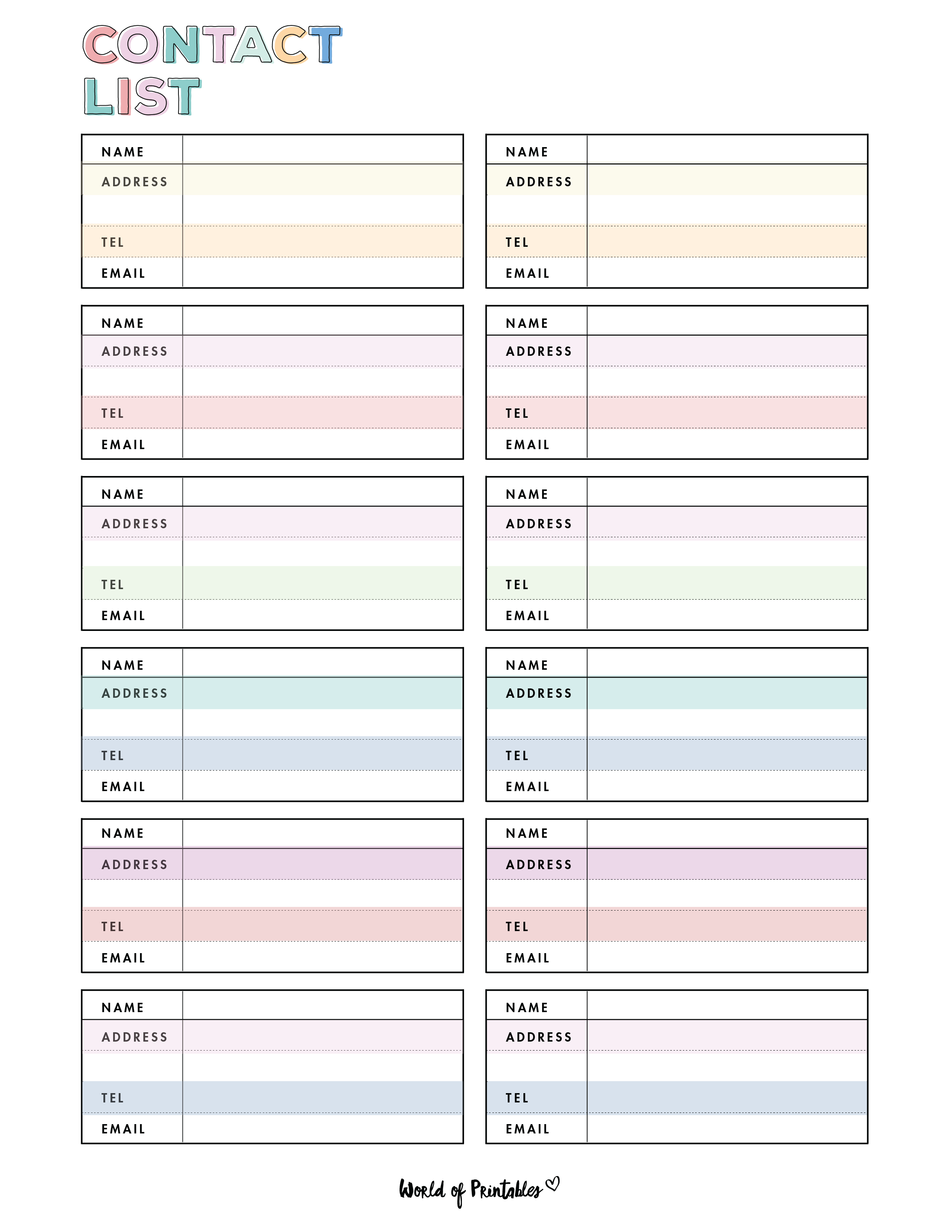 Printable Cute Contact List Template