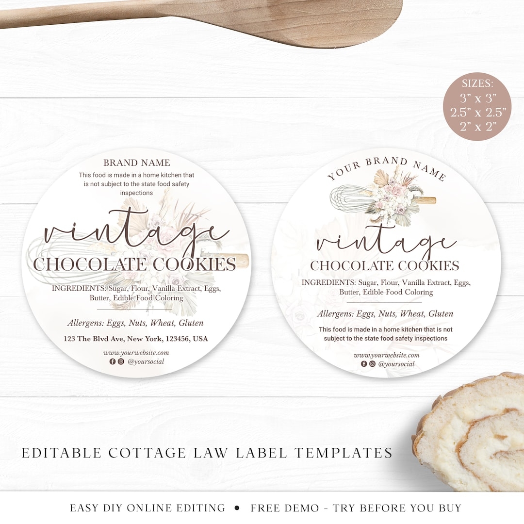 Cottage Law Label Template 3 Sizes Bakery Food License Editable Circular Sticker Printable Boho Thank You Cottage Industry VB 001 Etsy