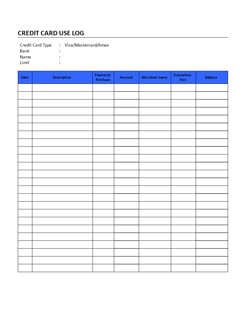 Printable Credit Card Log Template