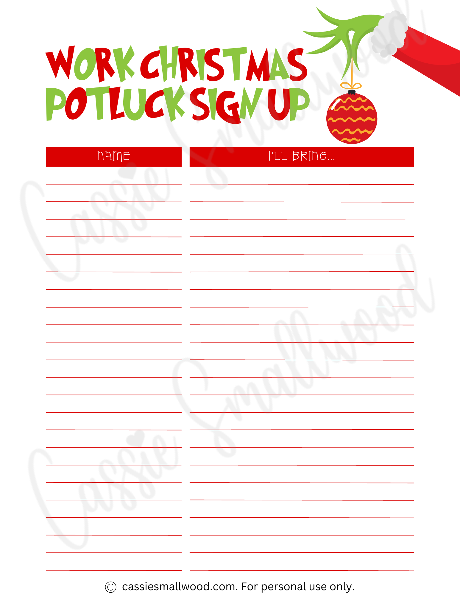Free Printable Christmas Sign Up Sheet Template