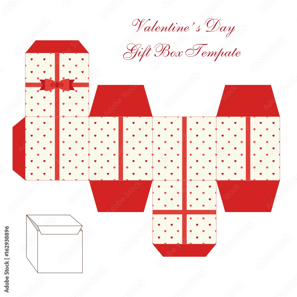 Cute Retro Square Gift Box Template With Hearts Ornament To Print Cut And Fold Stock Vector Adobe Stock