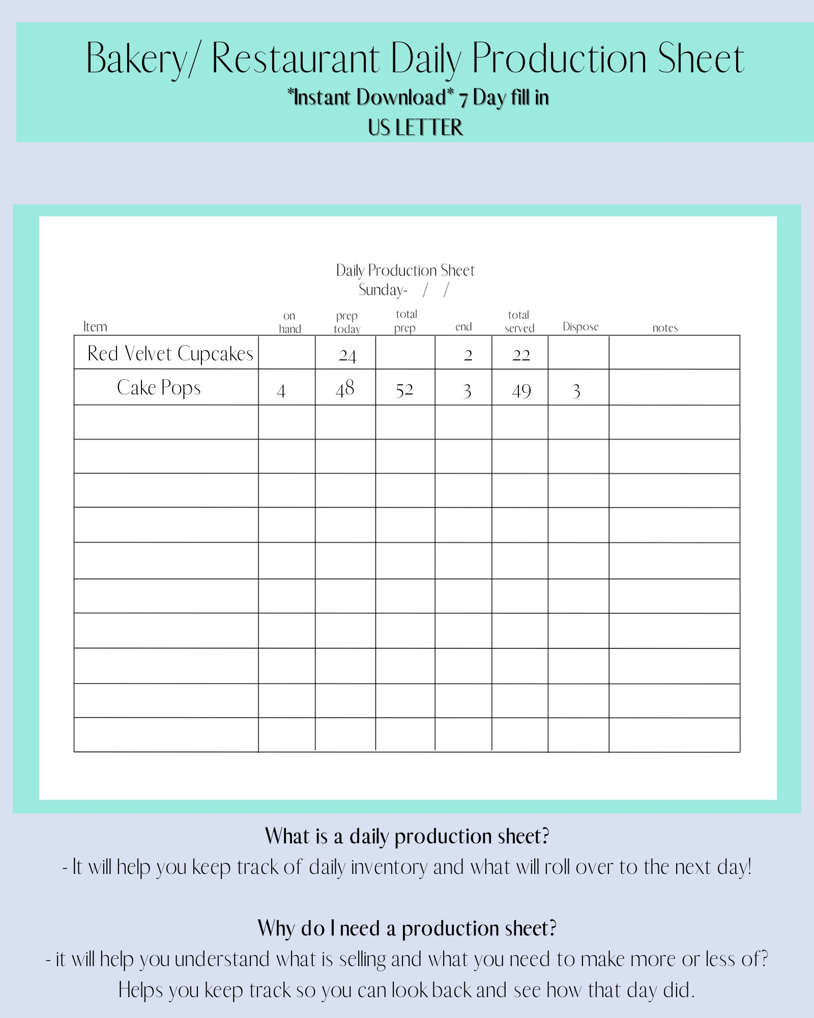 Daily Production Sheet Baking Foodrestaurant Bakery Printable Instant Downloadnew EASY Organized Chef Homebakery Etsy