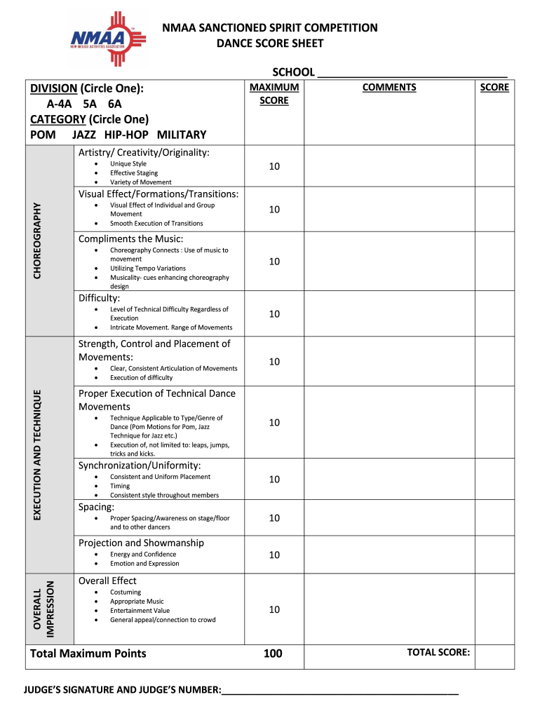 Dance Score Sheet Template Fill Online Printable Fillable Blank PdfFiller