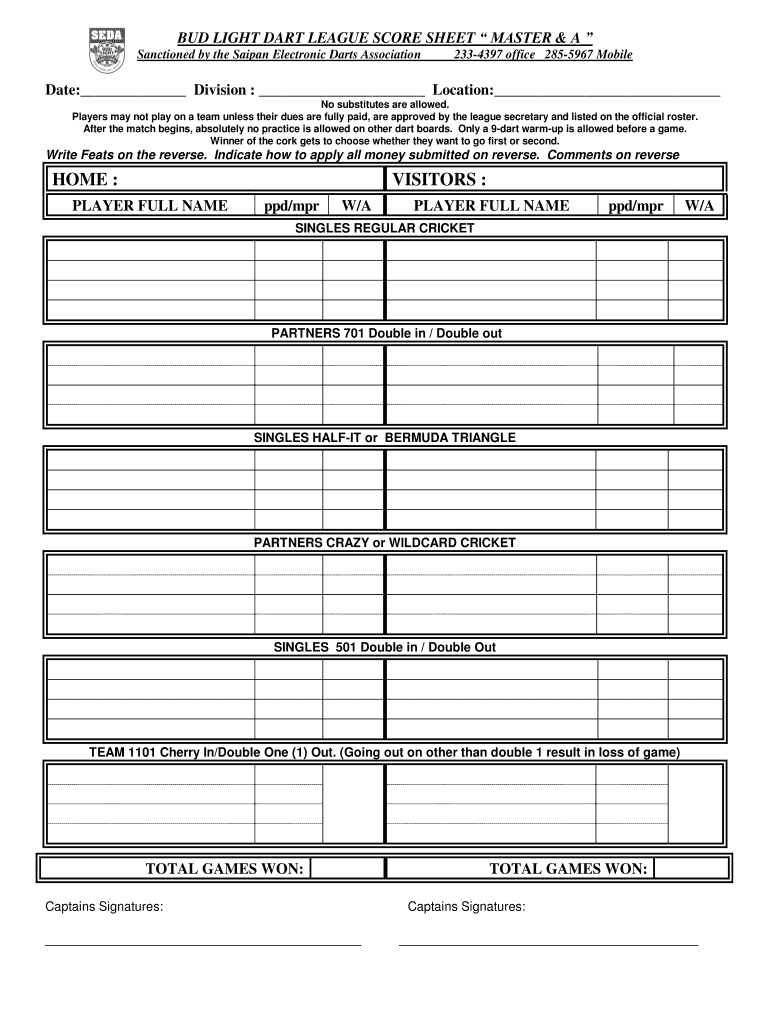 Printable Darts Score Sheet Template