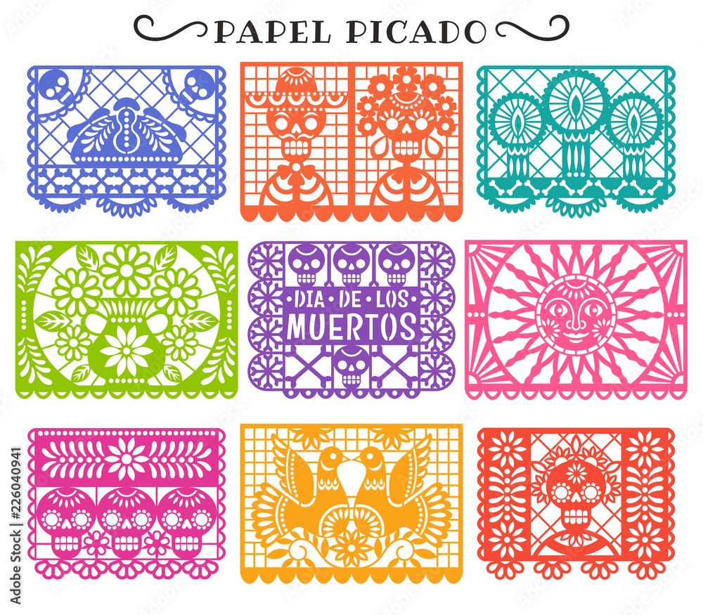 Day Of The Dead Papel Picado Vector Collection Of Traditional Mexican Paper Cutting Templates Isolated On White Stock Vector Adobe Stock