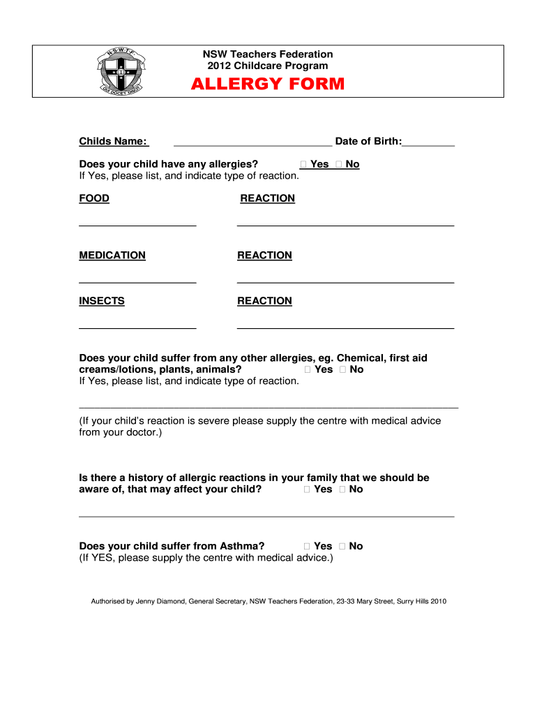 Daycare Allergy Form Fill Online Printable Fillable Blank PdfFiller