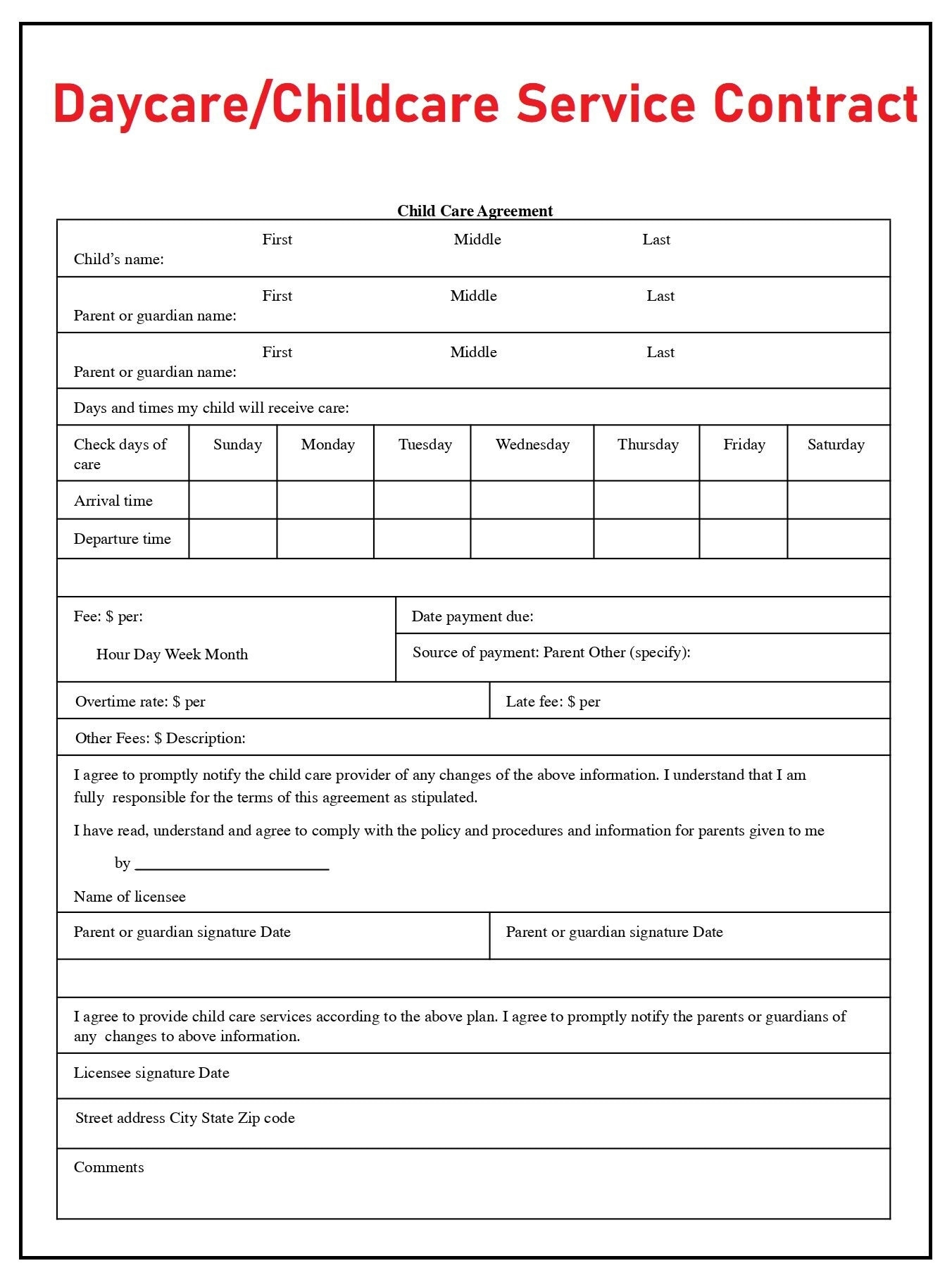 Daycare Contract Daycare Childcare Service Agreement In PDF File Child Care Contract Instant Download Etsy