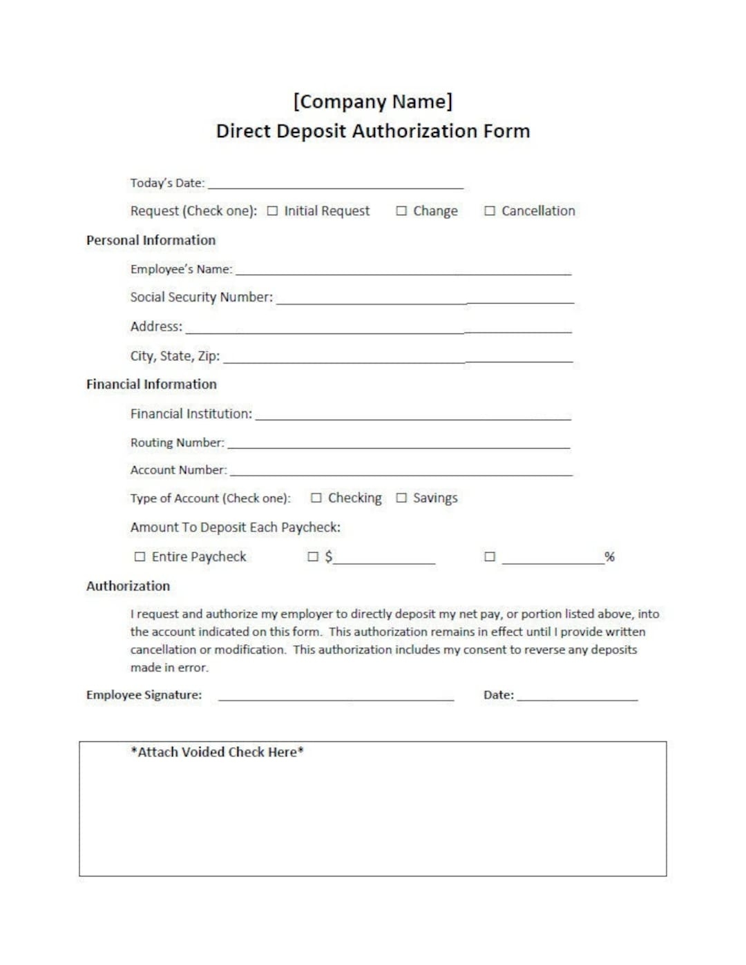 Printable Direct Deposit Form Template