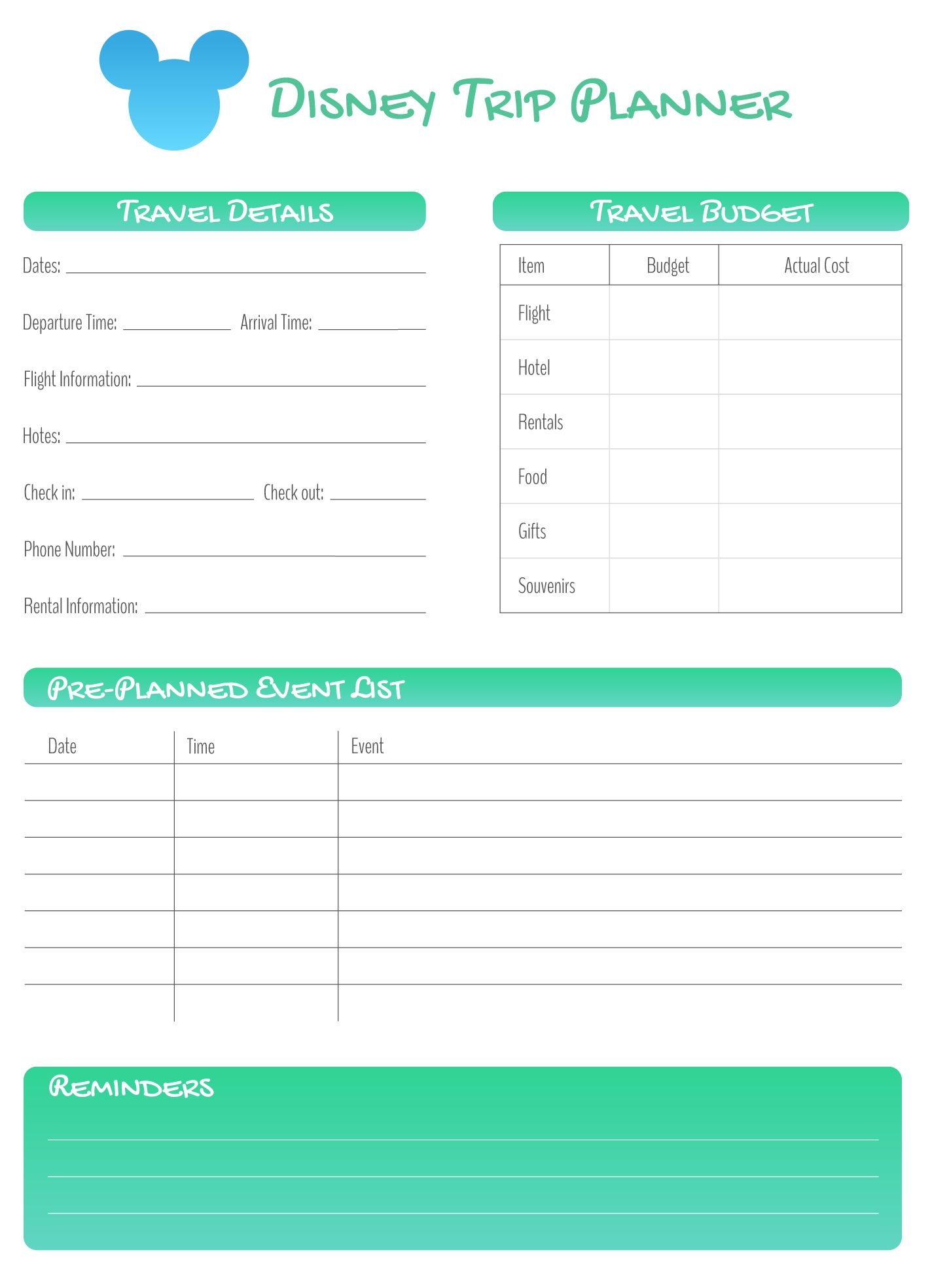 Disney Itinerary Free Google Docs Template Gdoc io