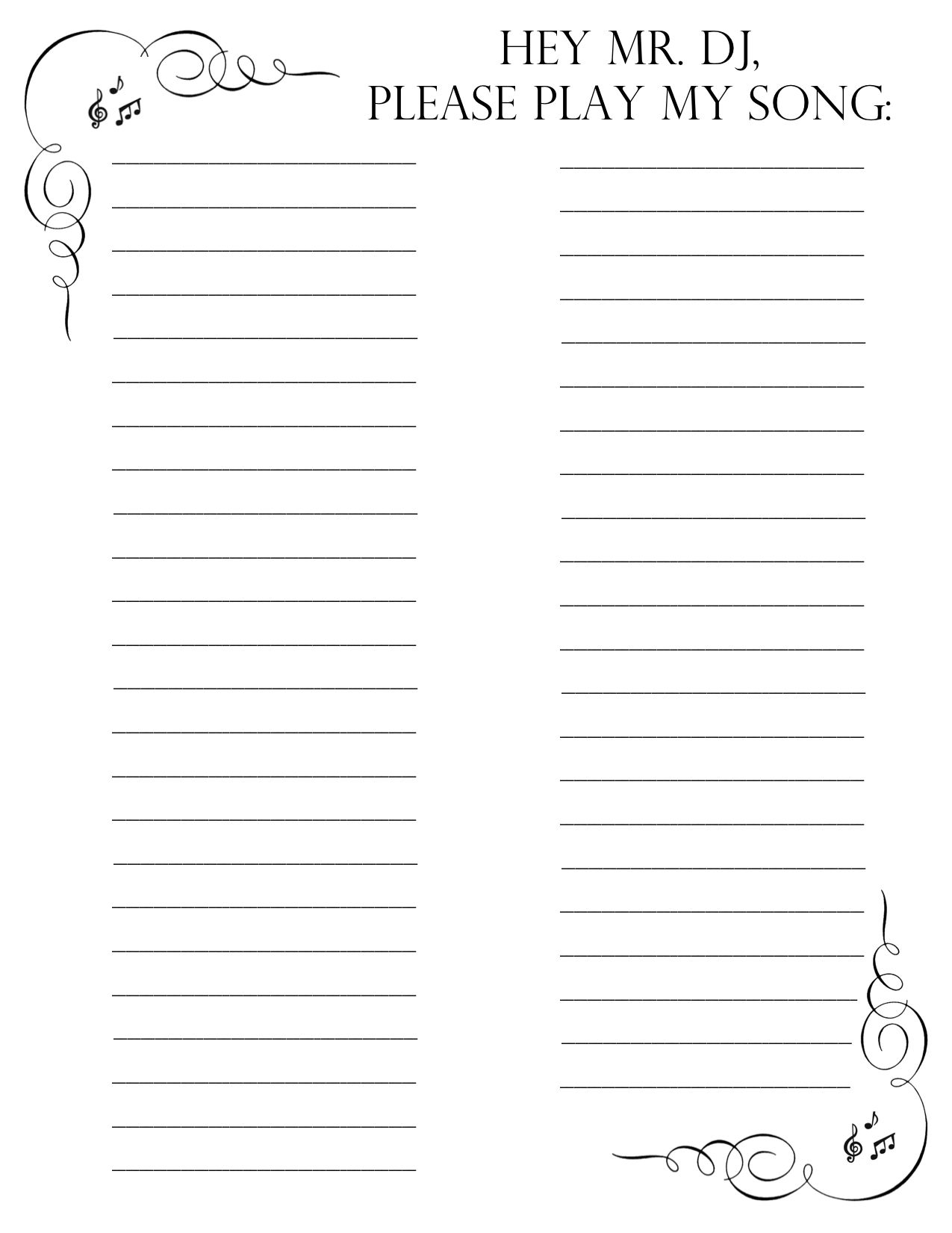 Printable Wedding Song List For Dj Template