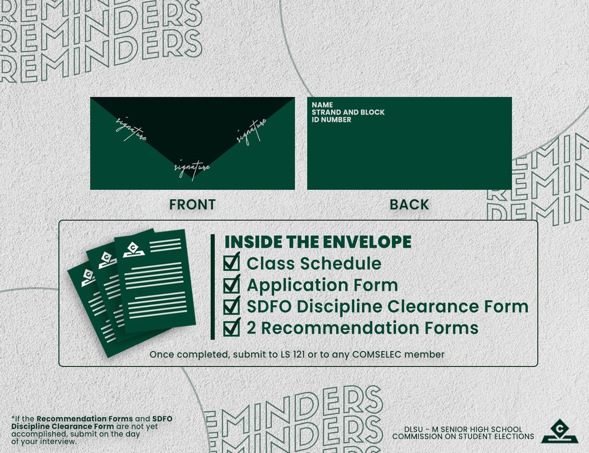 DLSU M SHS COMSELEC On X Tomorrow s Almost The Big Day ID 119 That Means You Must Submit Your DLSU SHS COMSELEC Application Requirements Make Sure Your Forms Are Complete And In The