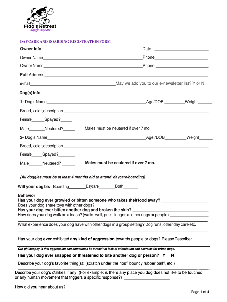 Printable Dog Boarding Form Template