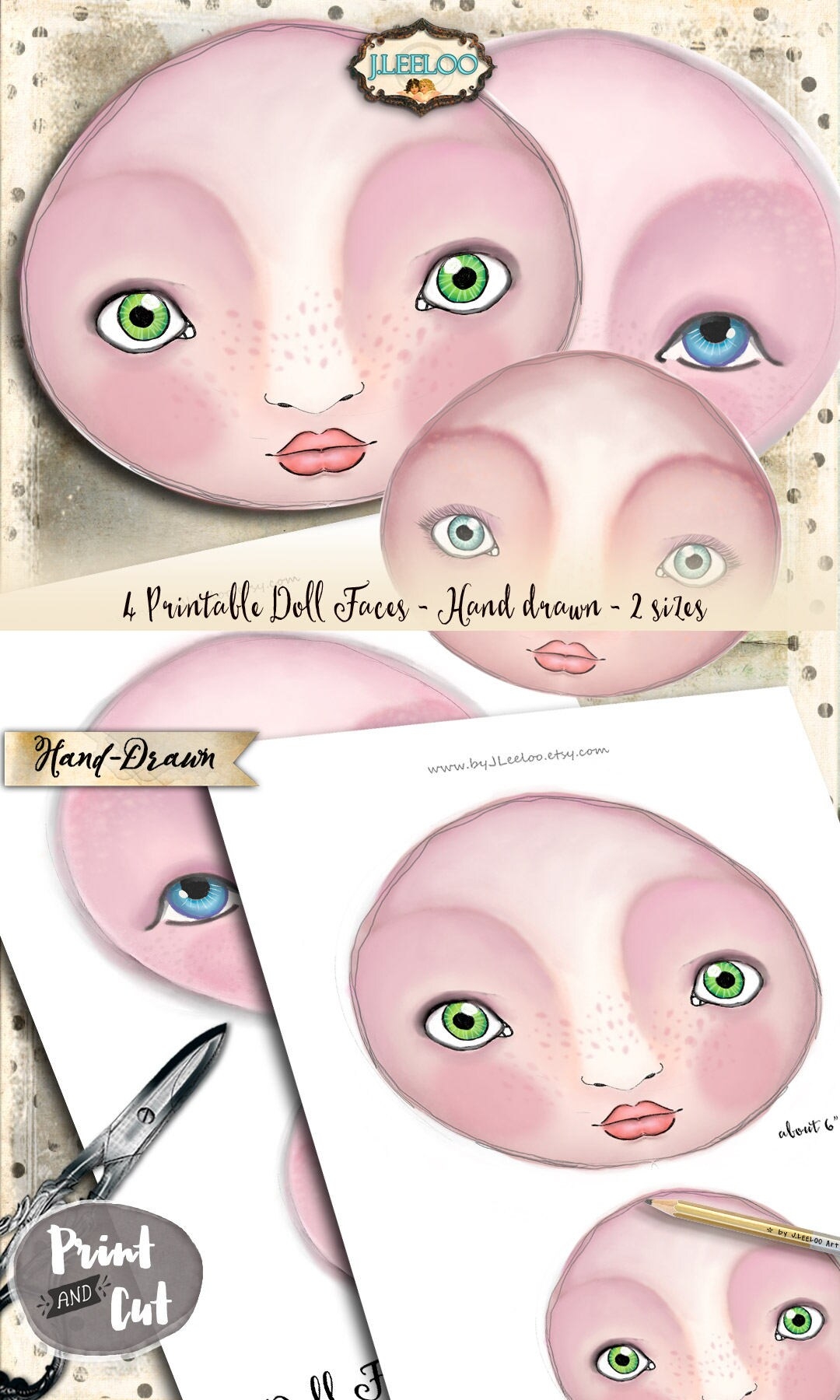 DOLL FACES Printable Hand drawn Digital Collage Sheet For Iron On Transfer Fabric Scrapbook Altered Art Diary Instant Download Cl126 Etsy