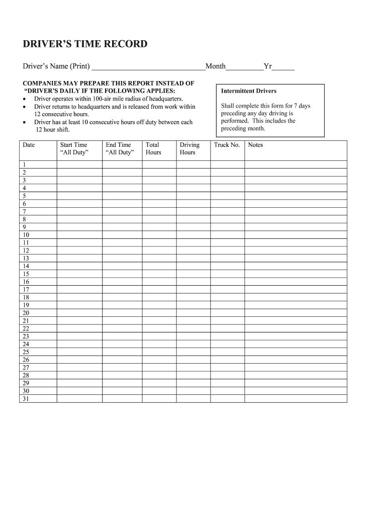 Printable Driver Daily Log Sheet Template