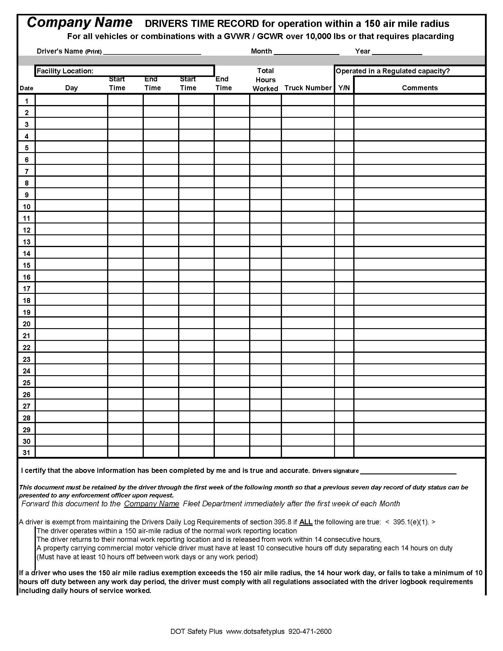 Driver s Daily Log DOT Safety Plus