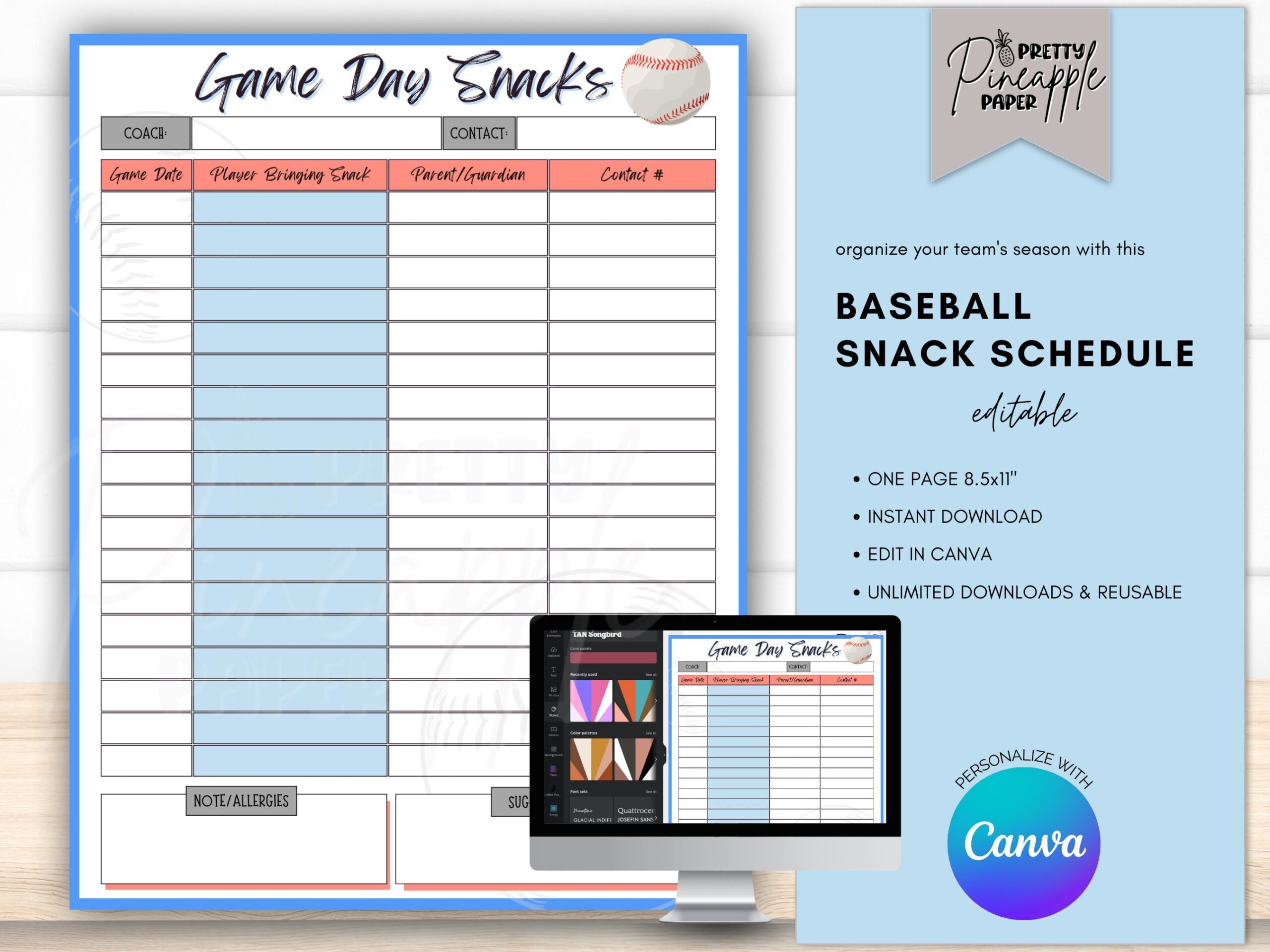 Editable Baseball Game Day Snack Schedule Template Instant Download To Organize Player Snacks For Each Game Fillable And Printable Etsy