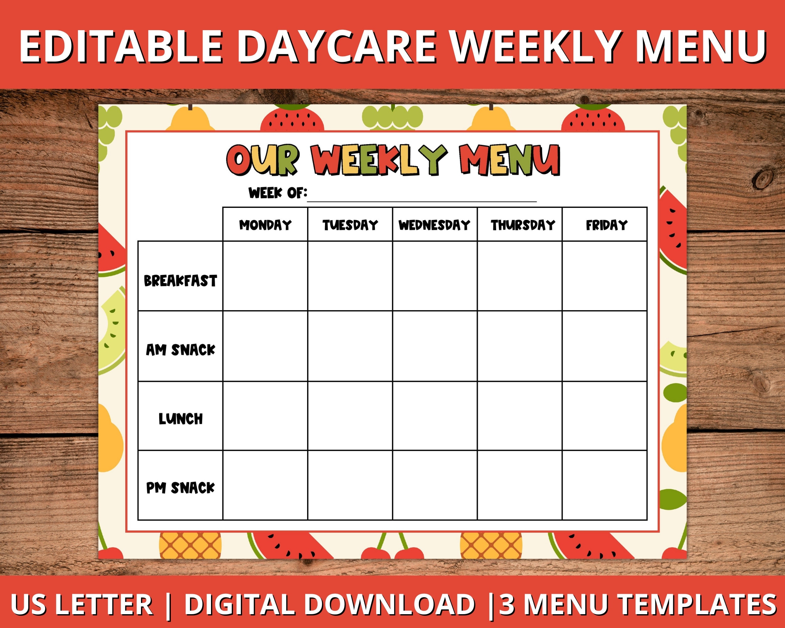 Printable Fillable Weekly Menu Template For Daycare