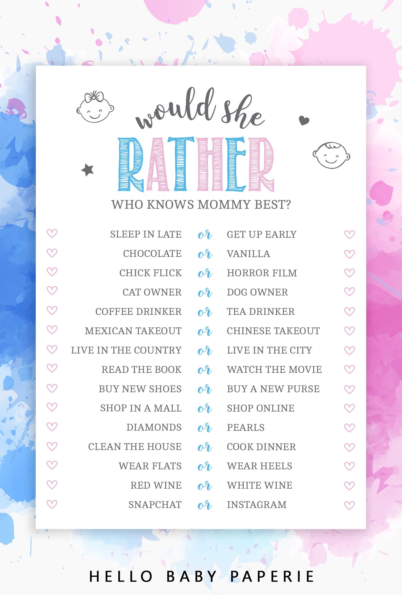 Editable Gender Reveal Would She Rather Game Gender Reveal Party Games Simple Gender Reveal Gender Reveal Themes