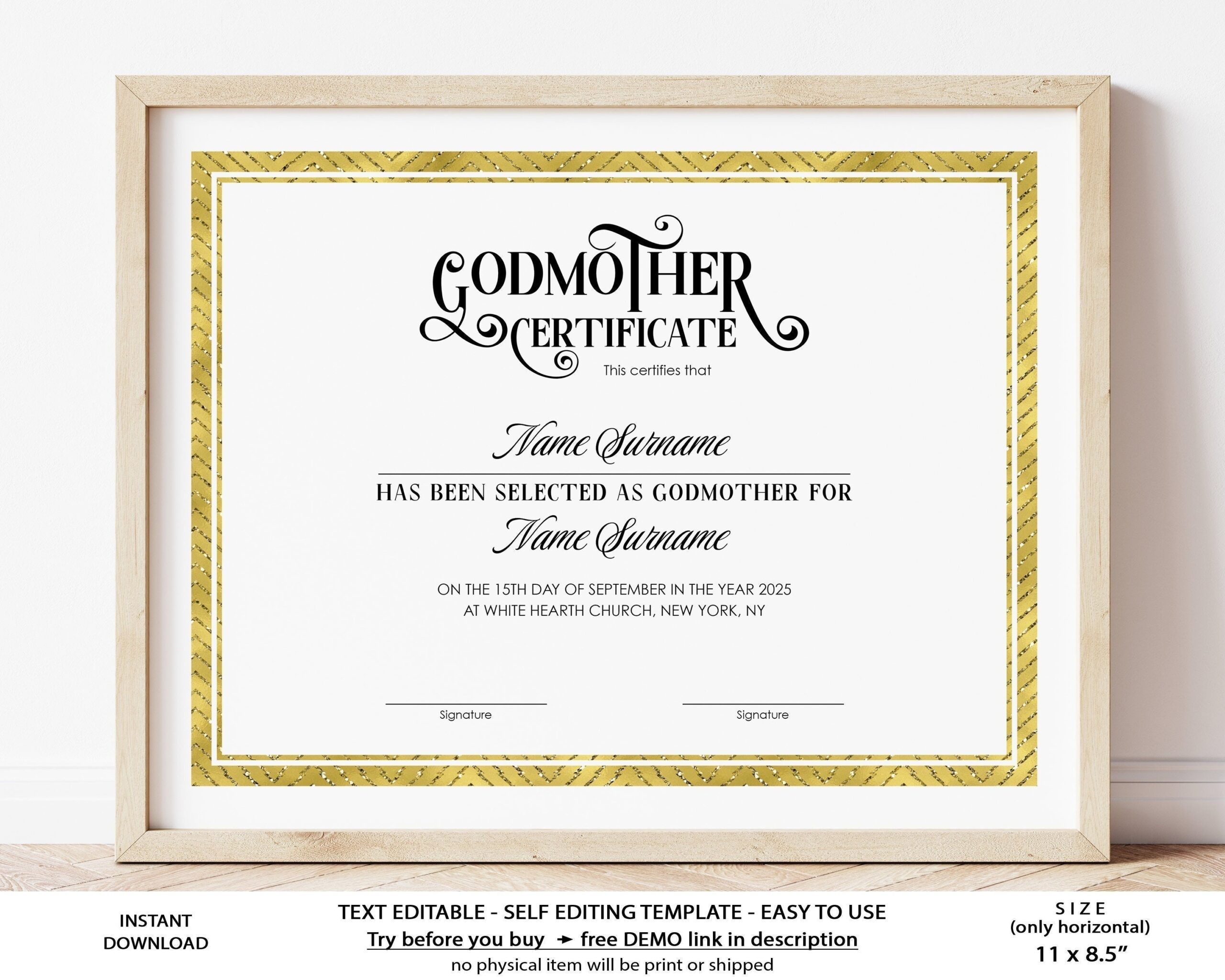 Editable Godmother Godfather Godparents Certificate Template Printable Baptism Certificate Elegant Gold Gift Certificate Download Jet Etsy