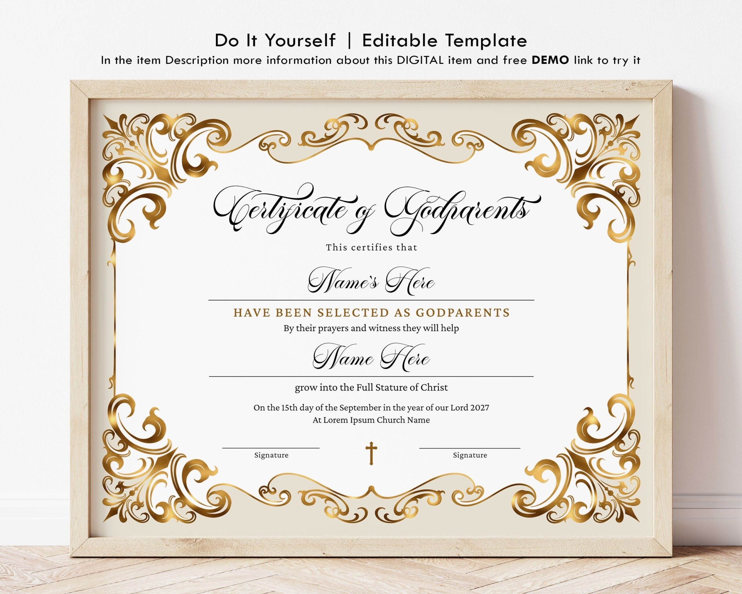 Editable Godparents Certificate Template Godmother Godfather Printable Baptism Certificate Elegant Gold Gift Certificate Download Jet310 Etsy
