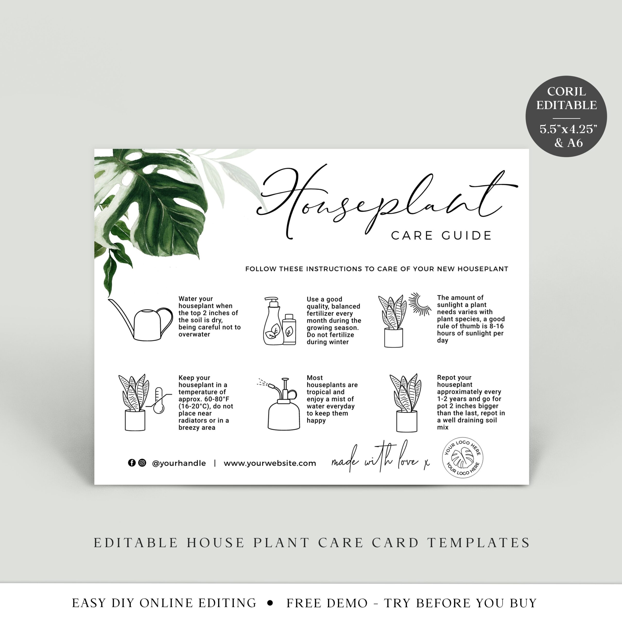 Editable Houseplant Care Card Printable Plant Care Template Watercolor Leaf Plant Care Guide Houseplant Instructions Insert AL 001 Etsy