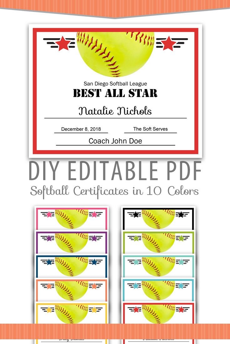 Editable PDF Sports Team Softball Certificate Award Template In 10 Colors Letter Size Instant Download Download Now Etsy Award Template Softball Awards Certificate Templates