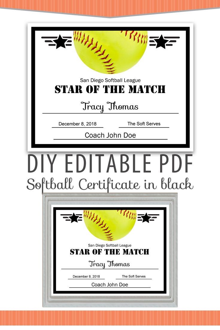 Editable PDF Sports Team Softball Certificate Diy Award Template In Black Letter Size Instant Download Etsy Award Template Softball Awards Awards Certificates Template