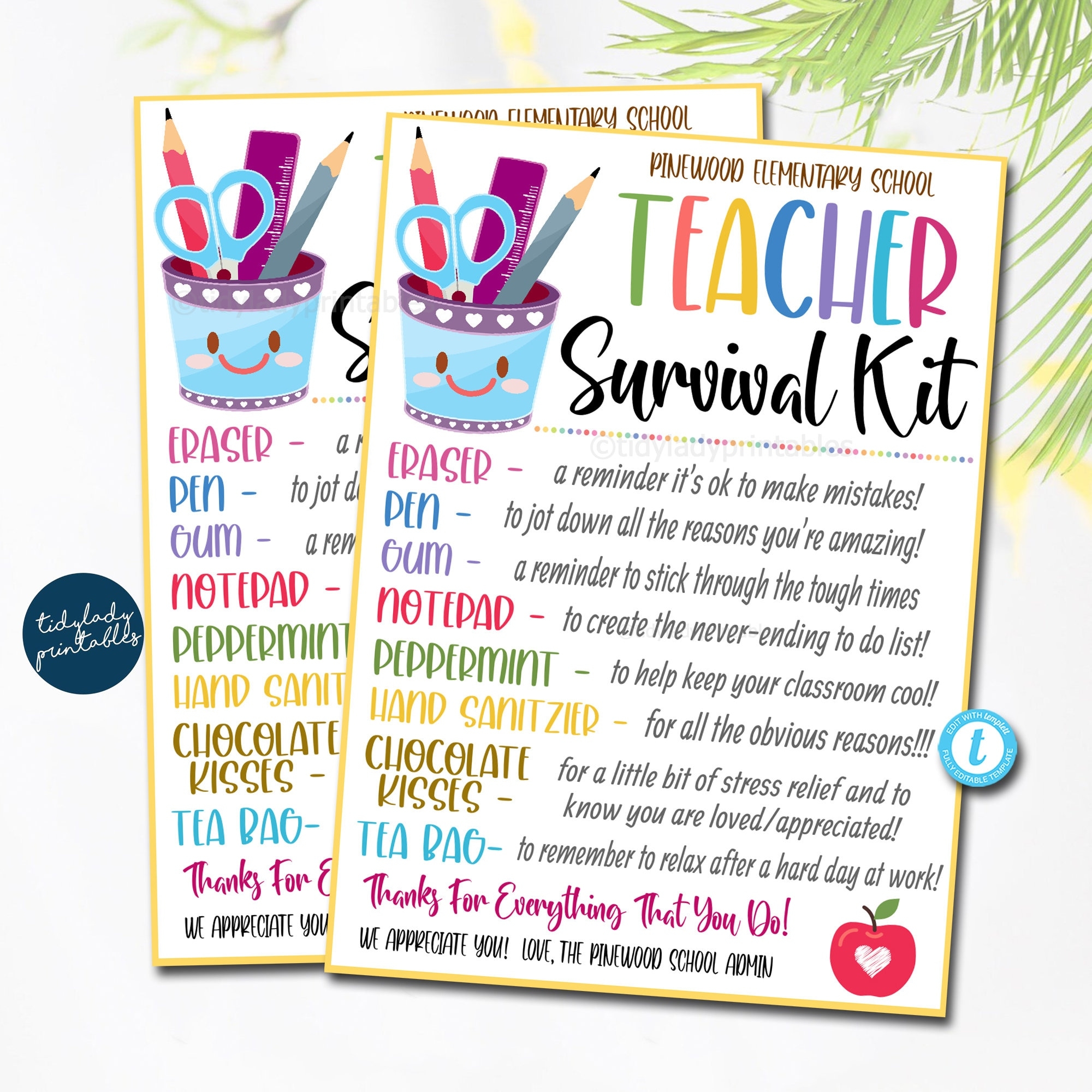 EDITABLE Teacher Survival Kit Printable Back To School Teacher Gift Pta Back To School Teacher Appreciation Thank You Gift Idea TEMPLATE Etsy