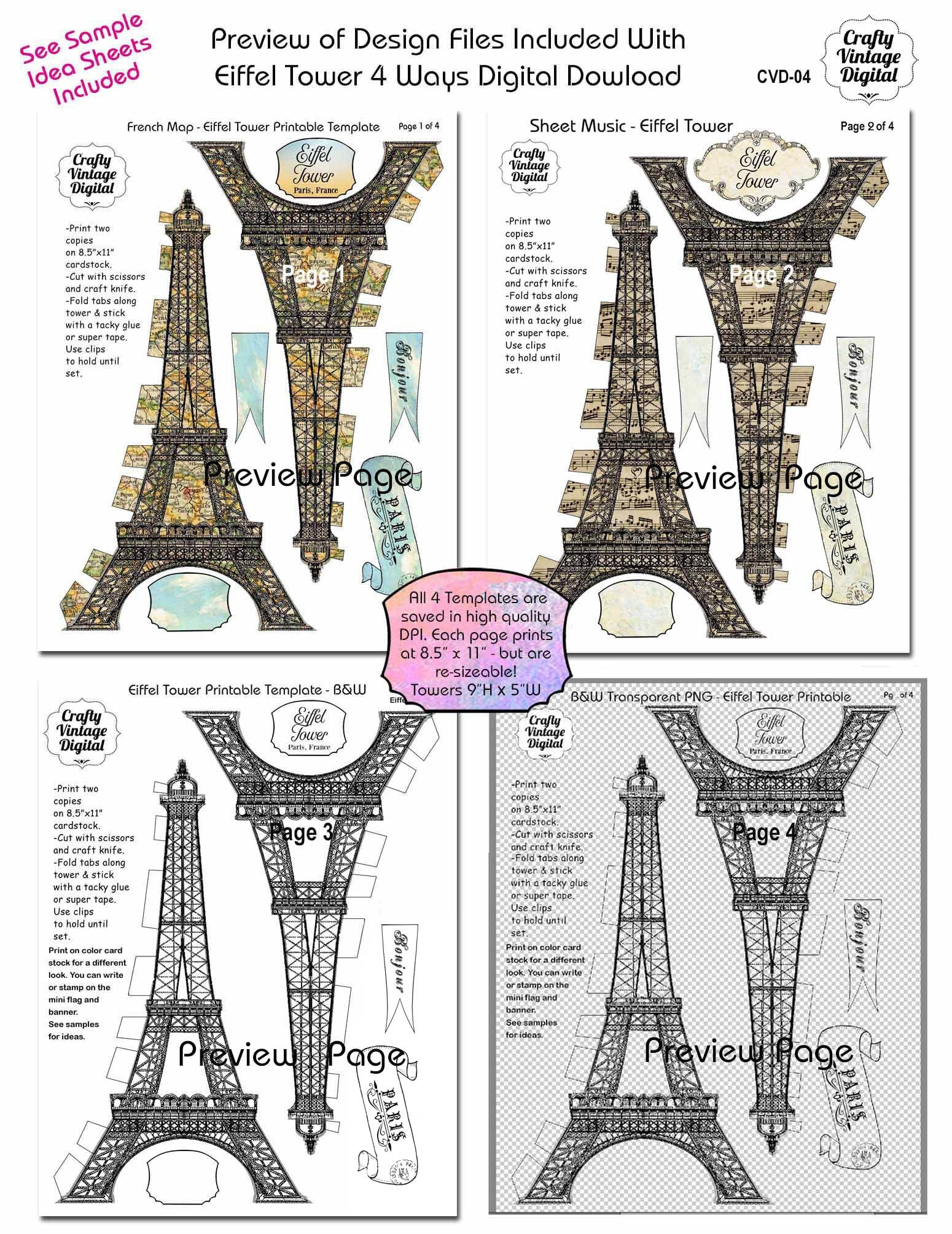 Eiffel Tower 4 Ways Digital Instant Download 4 Pattern 3D Templates Paris France Vintage Printable Etsy