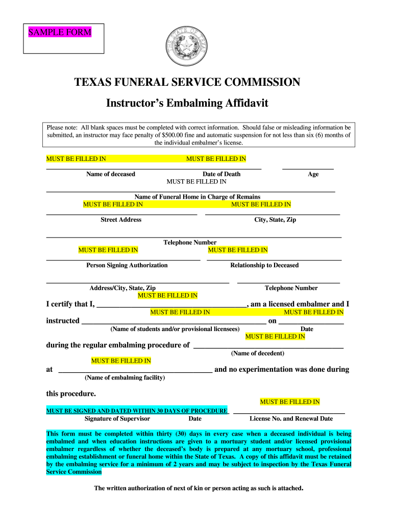 Printable Embalming Report Template