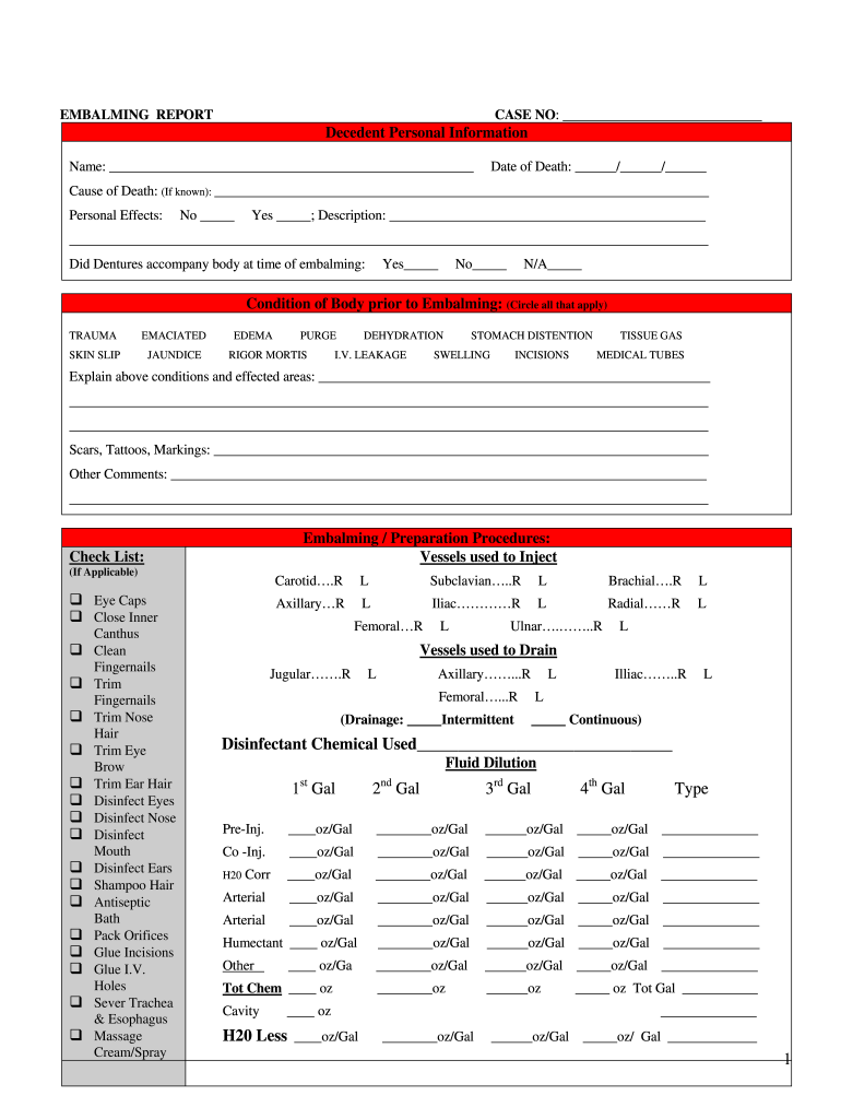 Printable Embalming Report Template