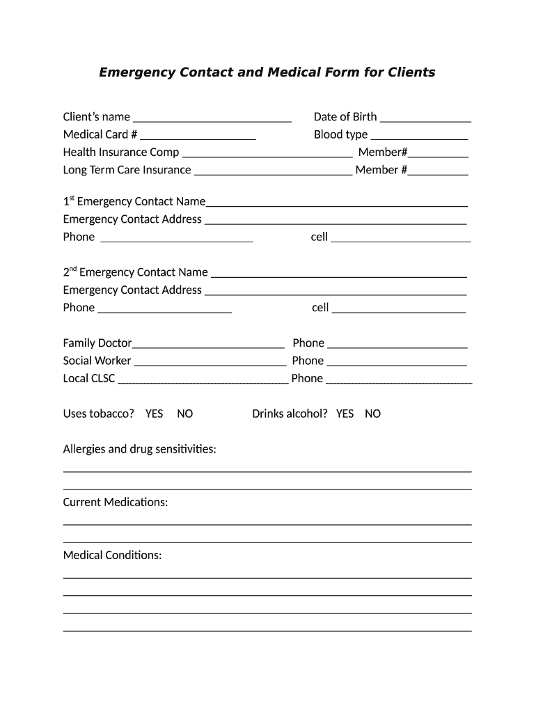 Printable Emergency Contact Form Template