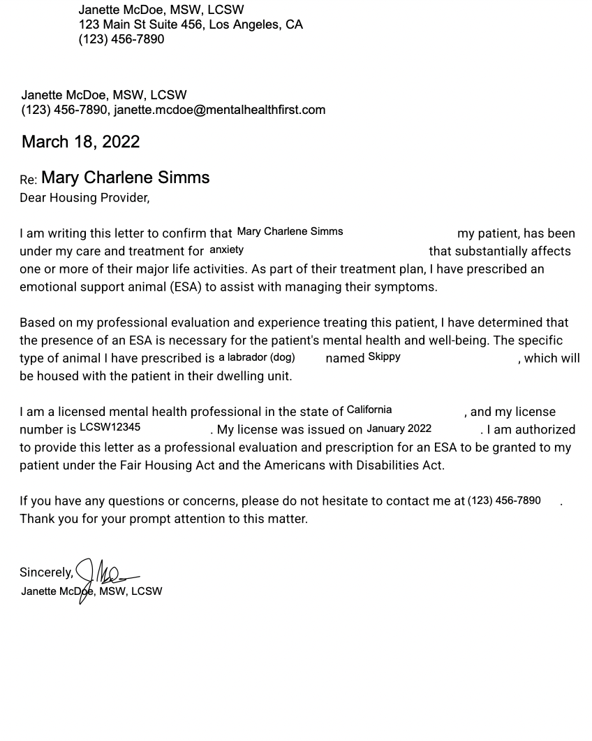 Emotional Support Animal Letter For Housing Template Sample Free PDF Download