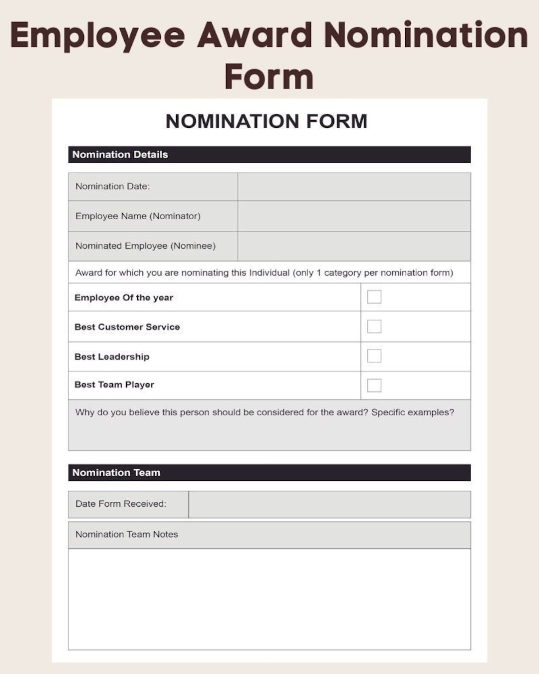 Employee Award Nomination Form Printable Employee Nomination Form Editable Employee Nomination Form Business Tools Etsy