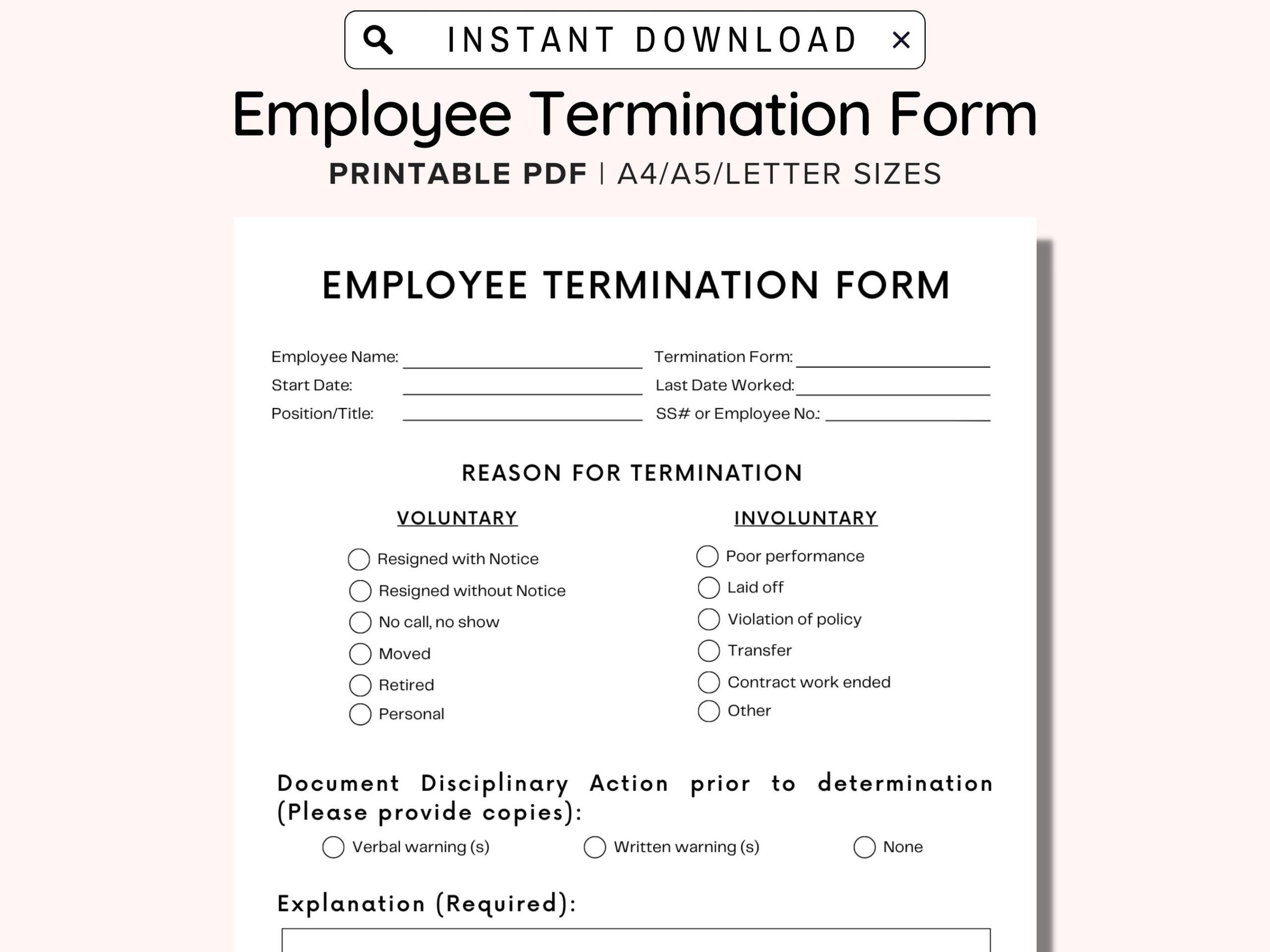 Employee Termination Form Printable Employee Termination Form Editable Employee Termination Form Business Tools Procedure For Employees Etsy