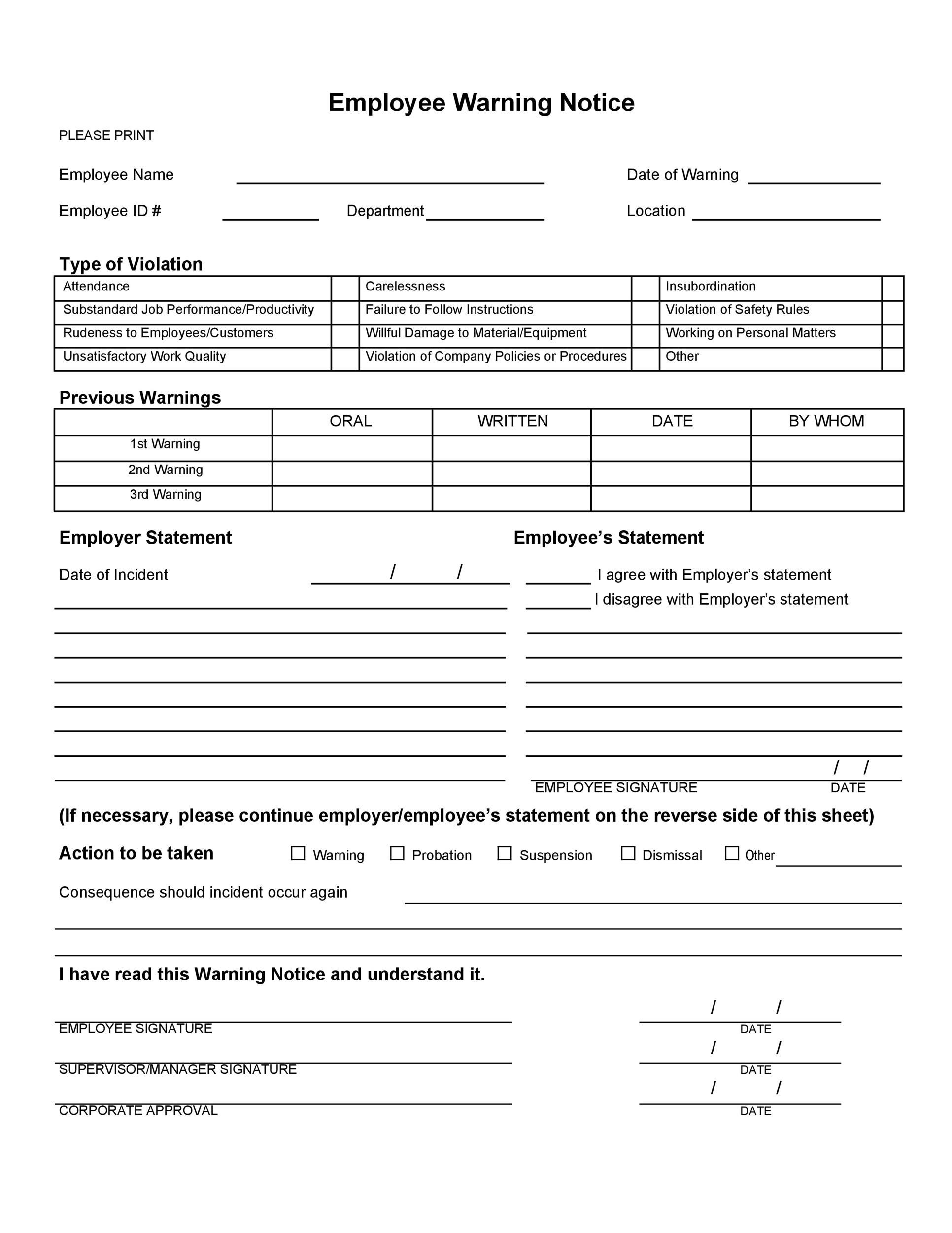 Printable Employee Written Warning Template Free