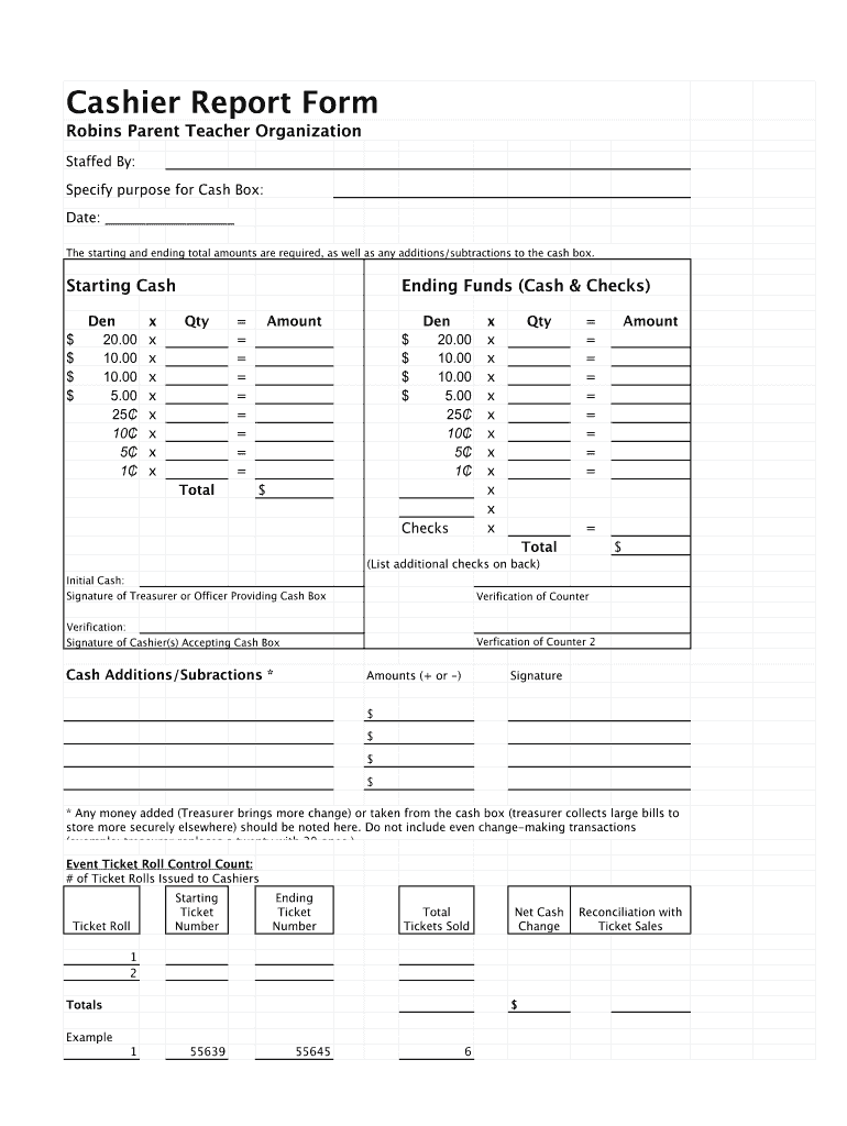 Printable Cash Register Till Balance Shift Sheet In Out Template
