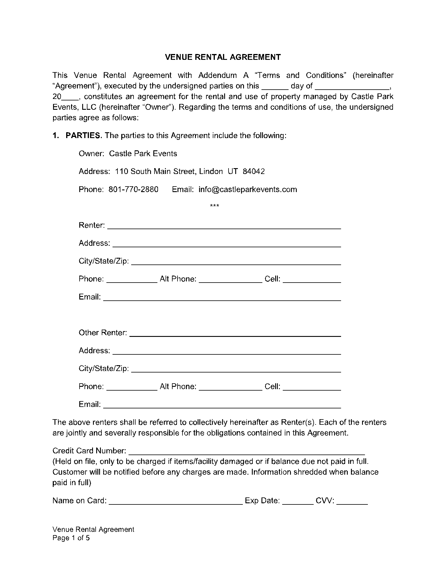 Printable Party Rental Contract Template